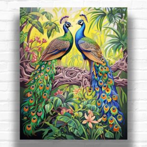 Indian Peacock Couple in Blooming Garden - Paint by Numbers Kit