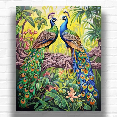 Indian Peacock Couple in Blooming Garden - Paint by Numbers Kit