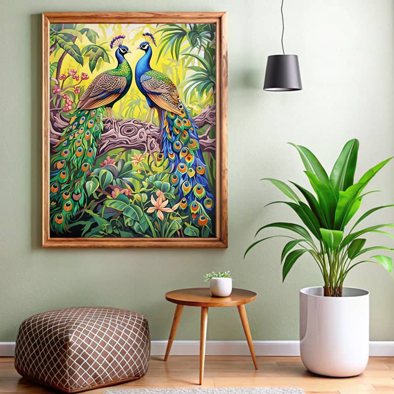 Indian Peacock Couple in Blooming Garden - Paint by Numbers