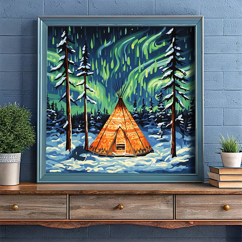 Teepee Under Aurora Paint by Number – Square Canvas Northern Lights Art