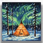 Teepee Under Aurora Paint by Numbers – Square Canvas Northern Lights Art