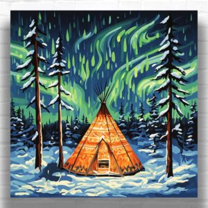 Teepee Under Aurora Paint by Numbers – Square Canvas Northern Lights Art