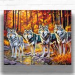 Four Wolves in Fall Forest - Wolves Paint by Number