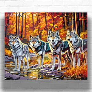 Four Wolves in Fall Forest - Wolves Paint by Number