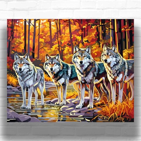 Four Wolves in Fall Forest - Wolves Paint by Number