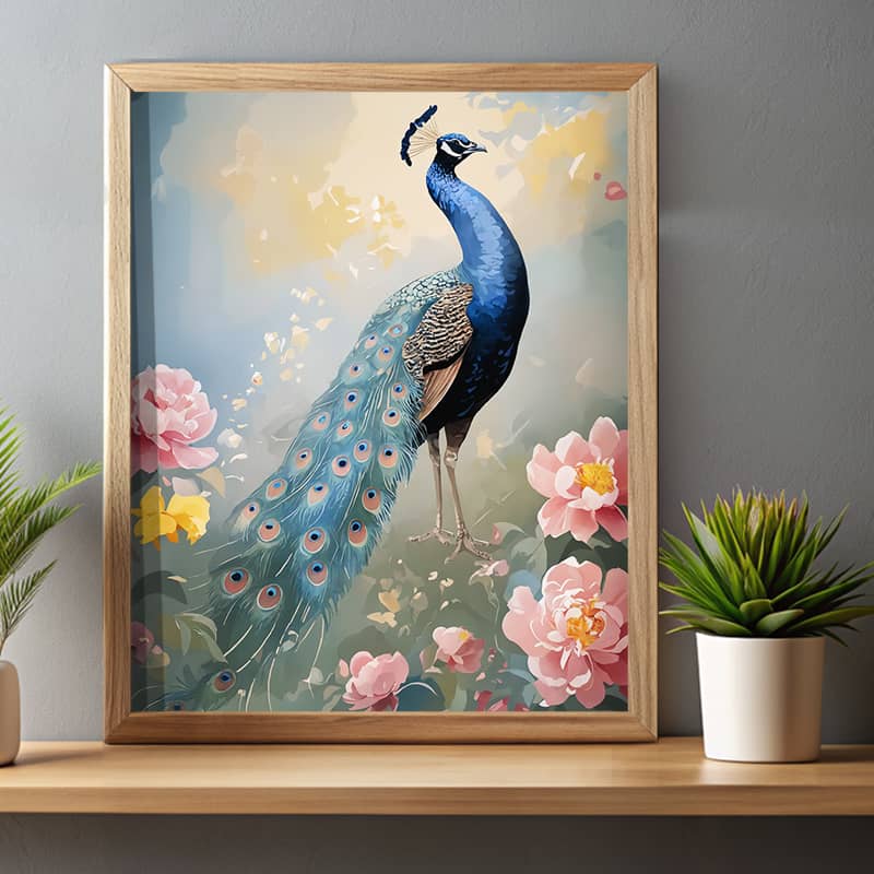 Peacock with Pink Peonies - Painting by Numbers