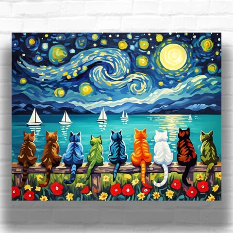 Cats and Dogs in Starry Night - Paint by Numbers Kit