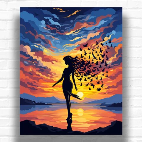 Sunset Freedom Paint by Numbers – Woman Silhouette Dispersion Art