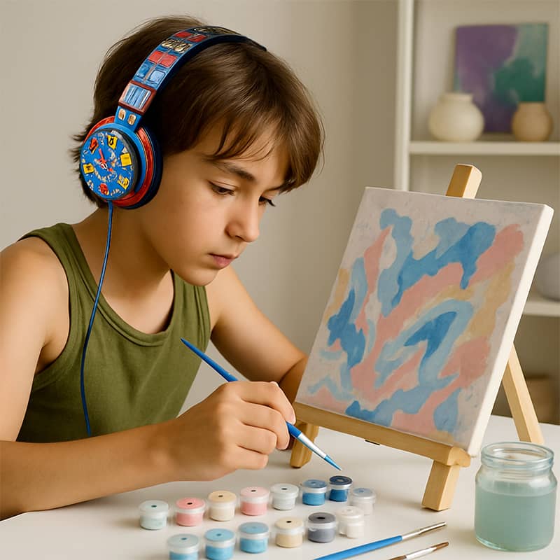A boy to paint a painting by numbers