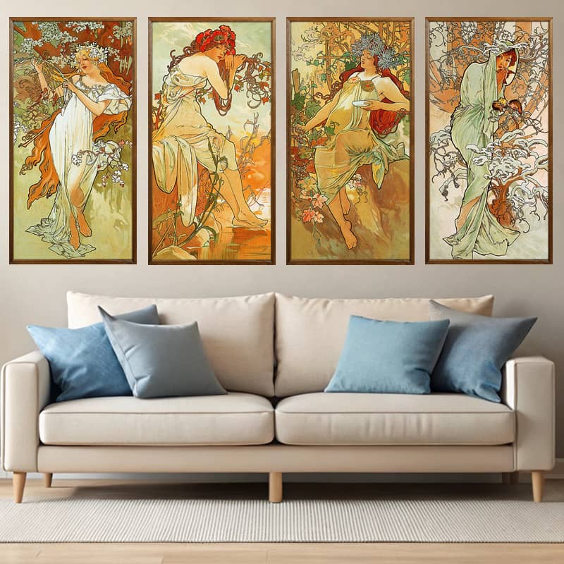 The Seasons by Alphonse Mucha 1896 Paint by Number – Large 4 Panel Canvas Set