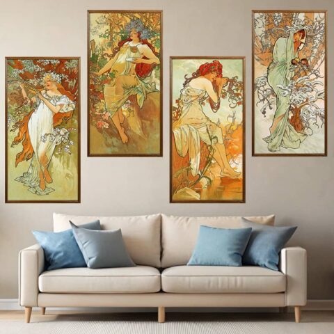 The Seasons by Alphonse Mucha 1896 Paint by Numbers – Large 4 Panel Canvas Set